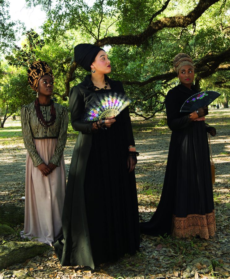 Asia Allen as Le Veuve, Saisha Lee as Makeda, and Kelsey Reine as Beatrice in costume for House That Will Not Stand, the play they star in along with several others. Photo credit: Kyle Encar