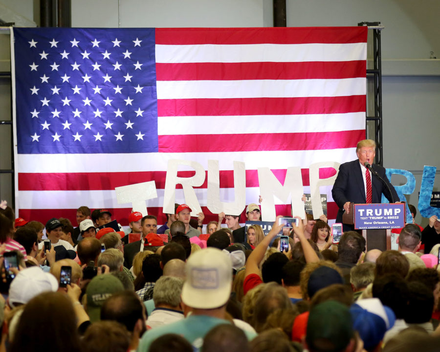 Donald Trump delivers his speech. Trump, the leader in the 2106 Republican presidential race, held a rally at the Lakefront Airport on Friday, March 4, 2016.