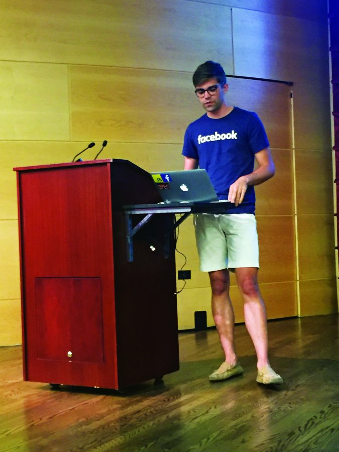 Patrick Burtchaell speaks at Loyolas Design Forum about his Facebook internship on Oct. 26 2016. He discussed his application process, Facebooks design dynamics, and gave advice to fellow students. Photo credit: Caleb Beck