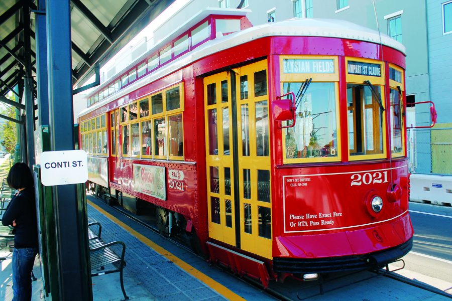 A+streetcar+pulls+into+the+Conti+St.+stop+on+North+Rampart+Street.+The+Rampart-St.+Claude+streetcar+began+service+on+Sunday%2C+Oct.+2.+Photo+credit%3A+Caleb+Beck