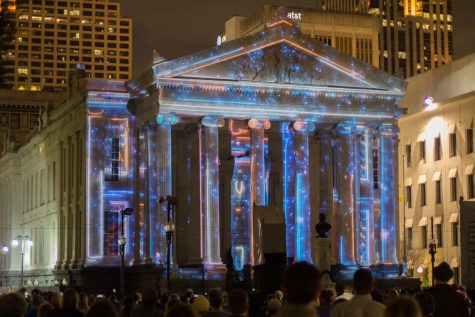 La Maison productions New Orleans, an impressive display of visual effects and colorful movements projected on Gallier Halls facade along side surprisingly well matched Jazz that thrilled most audience members, which played at 6,7,8, and 9 p.m. Photo credit: Osama Ayyad