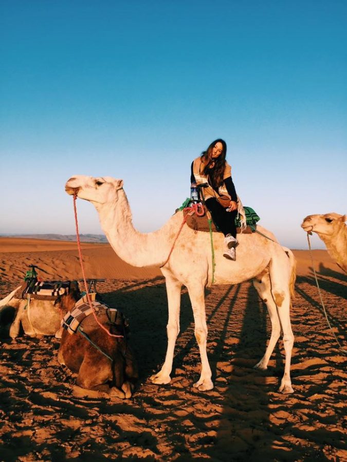 Francesca Bua, English junior, rides a camel in the Sahara Desert during a study abroad trip ealier this semester. Around 30 Loyola undergraduate students will study abroad this spring at 21 different universities across the globe. Photo credit: Francesca Bua