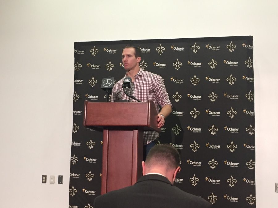 Drew+Brees+speaks+to+reportes+in+a+press+conference+following+the+teams+28-13+loss+to+the+Detroit+Lions.+The+Saints+now+stand+at+5-7+on+the+season.+Photo+credit%3A+Ryan+Micklin