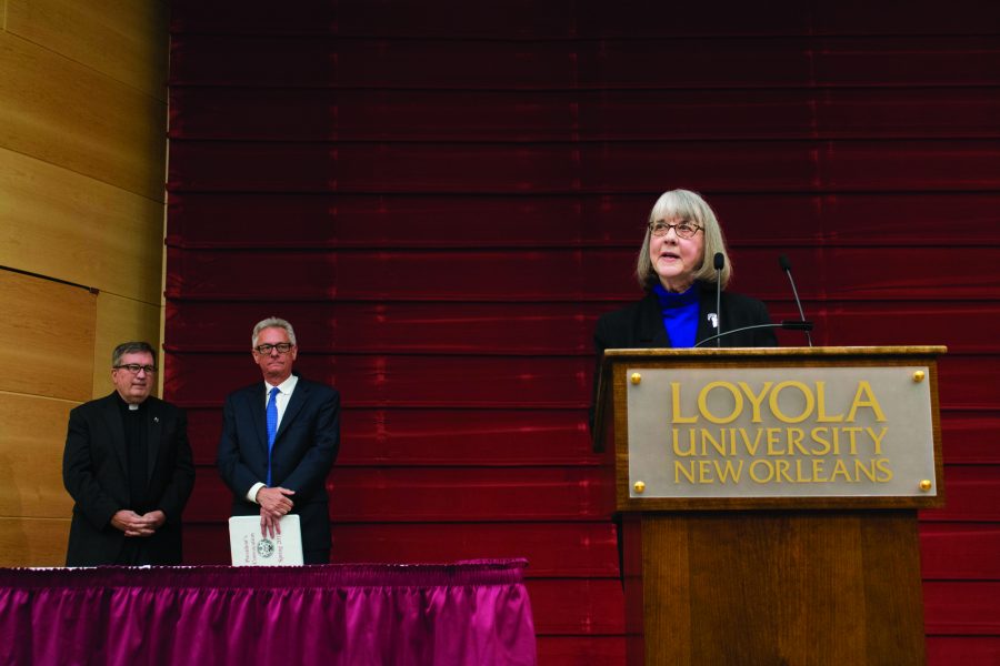 Leslie Parr, A. Louis Read Distinguished Professor in Communication, gives speech after receiving Dux Academicus award. Parr is the 39th faculty member to receive this award. Photo credit: Nicholas Boulet