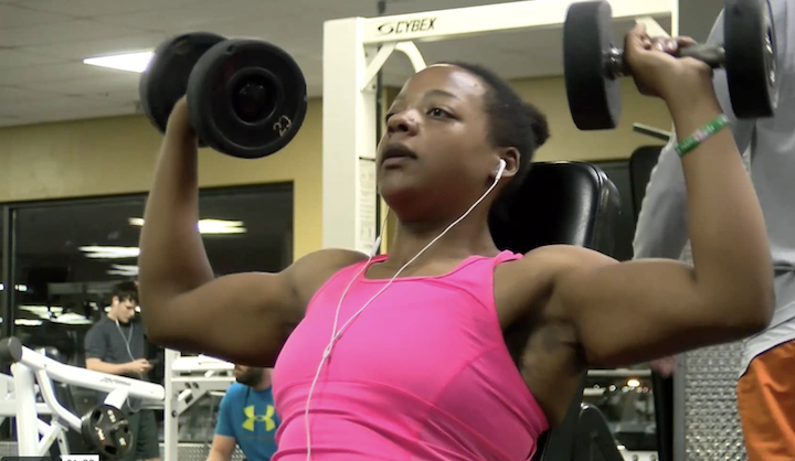 Jasmine Barnes lifts weights in her gym French Riviera Fitness. Barnes’ fitness journey will culminate this upcoming July as she attempts to compete in her first local body building competition in the New Orleans metropolitan area. 