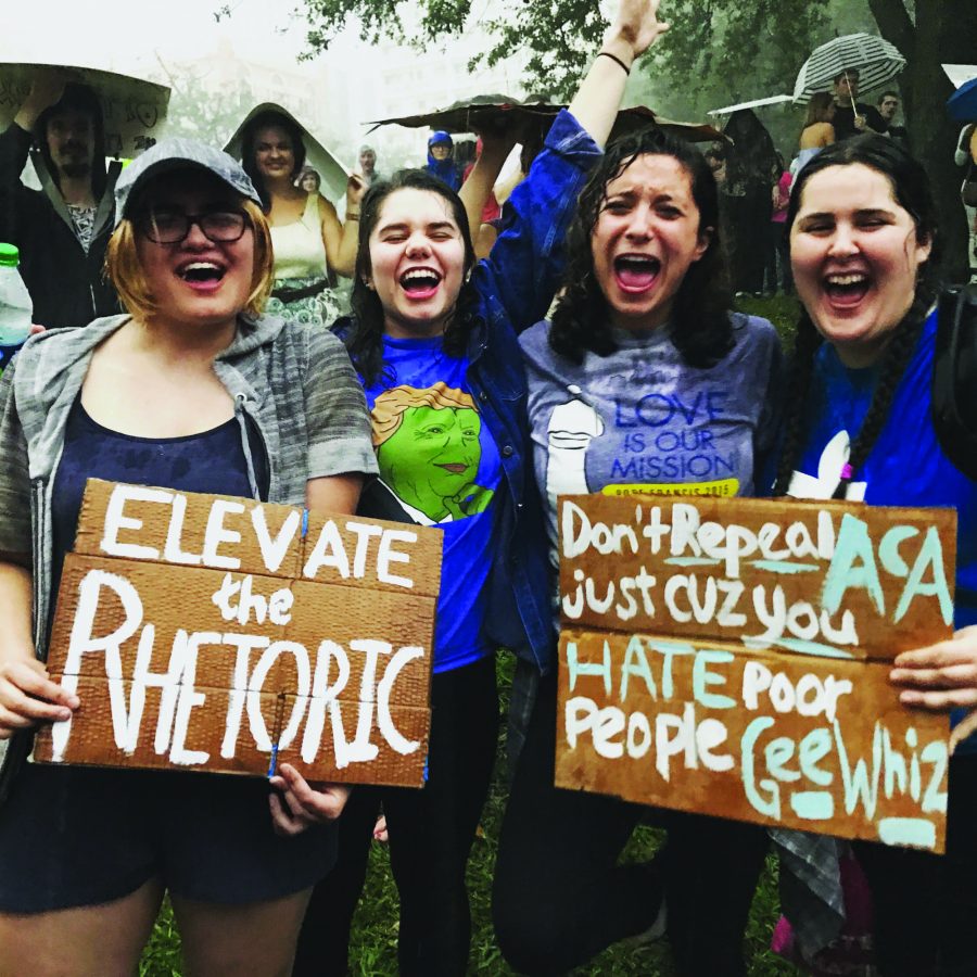 (Left to right) Mercedes Sandoval, Brianna Daniel-Harkins, Gabriella Pucci and Dierdre Crean attend the Womens March in New Orleans. Despite accusations that millenials are all talk and no bite, Loyola students and other millenials are actively trying to make change. Photo credit: Courtesy of Brianna Daniel-Harkins