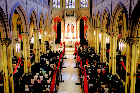 The Loyola community gathers in Holy Name of Jesus Catholic Church for the Mass of the Holy Spirit last fall. Catholics in the area will be able to break their Lenten fast for St. Patrick's Day this year.