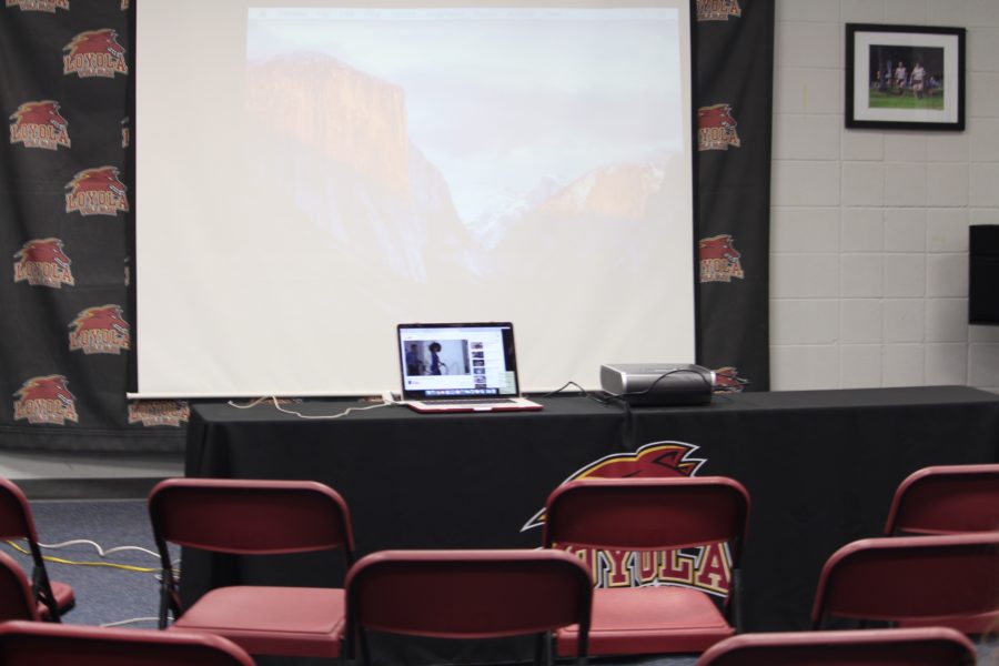 Chairs are set up for the viewing party for Loyola womens basketball. The team fell in the first round of the NAIA tournament. Photo credit: Taylor Ford