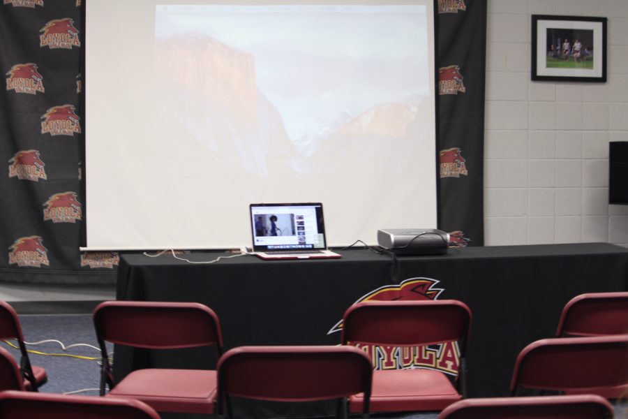 Chairs are set up for the viewing party for Loyola women's basketball. The team fell in the first round of the NAIA tournament. Photo credit: Taylor Ford