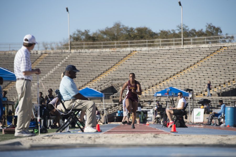 Leah Banks approaches the jump line at the Tulane Twilight Invitational on March 4, 2016. Banks finished seventh at the South Alabama Invitational. Photo credit: Courtesy of Loyola Athletics