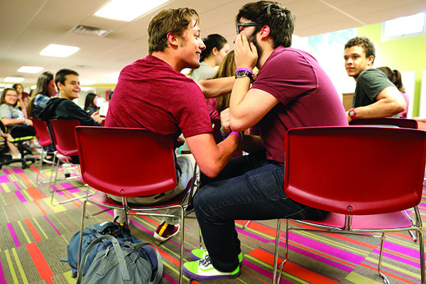 Benjamin Weil and Blane Mader share an emotional moment of excitement as they are announced the new President and Vice President of SGA. Photo credit: Tristan Emmons