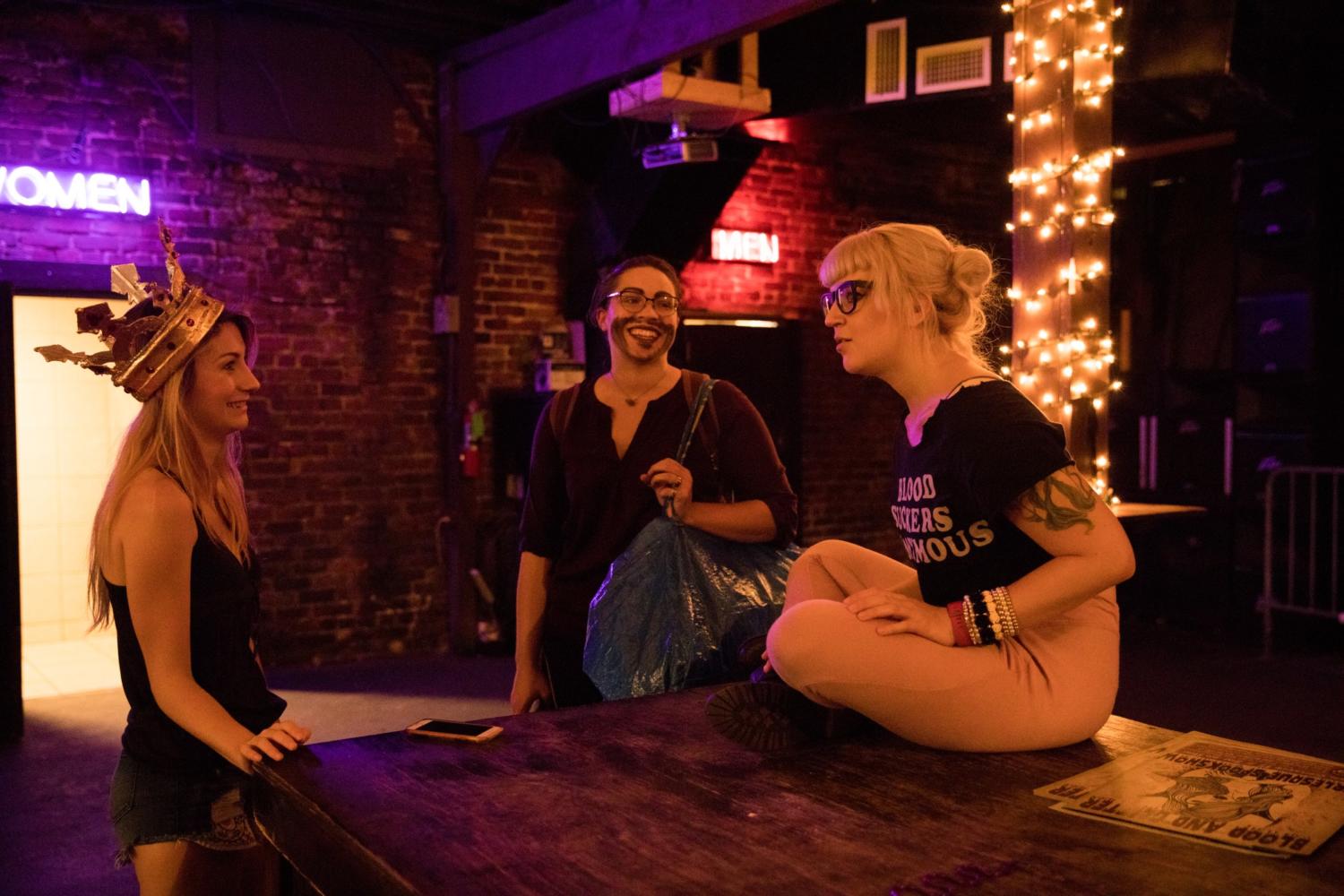 Producer Xena Zeit-Geist (Inigo Montoya) bounces suggestions back and forth with Lily Allure (Humperdinck) and Anjle (Count Ruben) during a rehearsal at the Willow earlier this week.