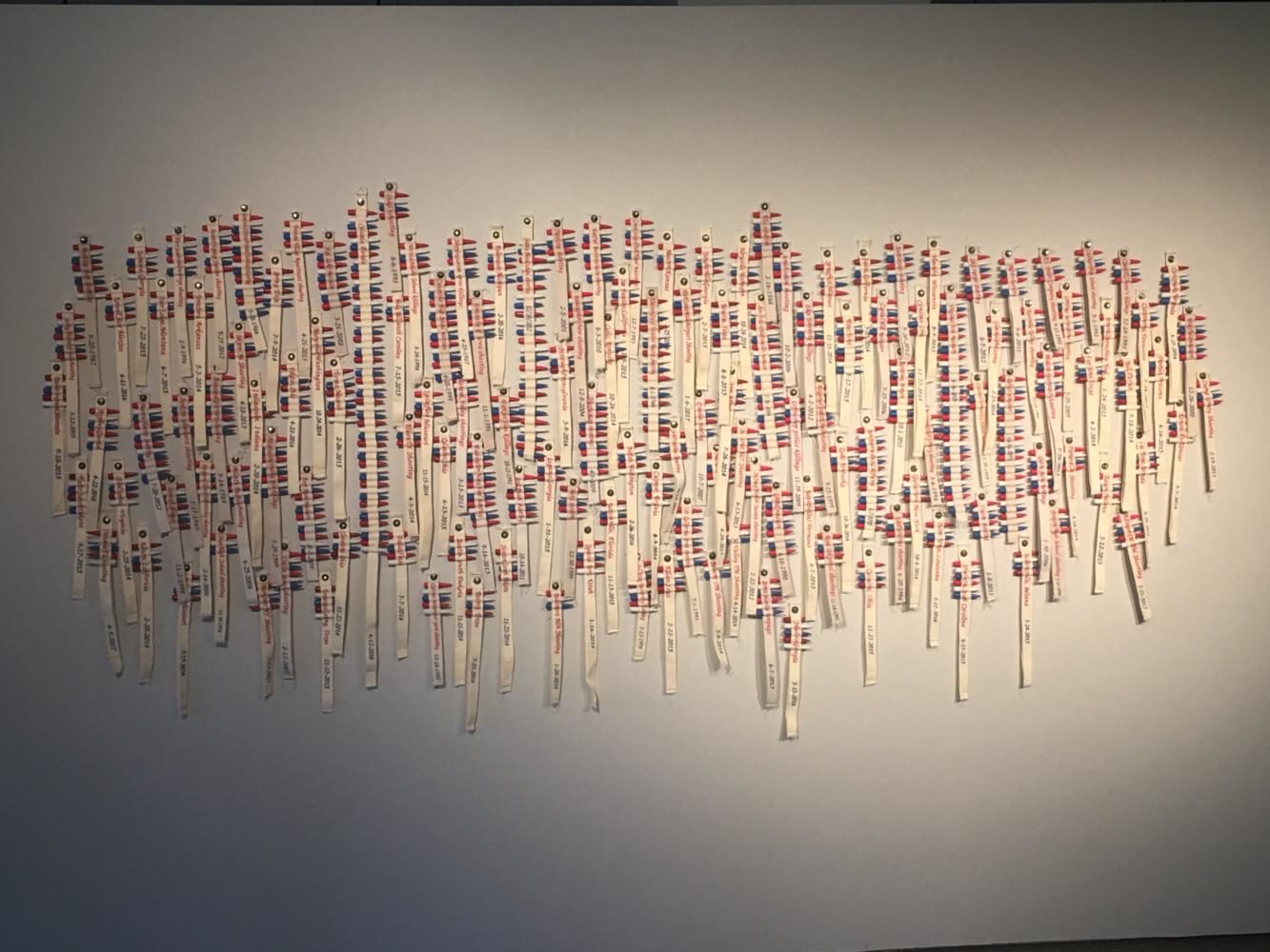 3-D printing and cloth (This piece has a cloth strand for every mass shooting in America starting with the University of Texas, Austin, TX, August 1, 1966. The piece is ongoing.) Photo credit: Andres Fuentes