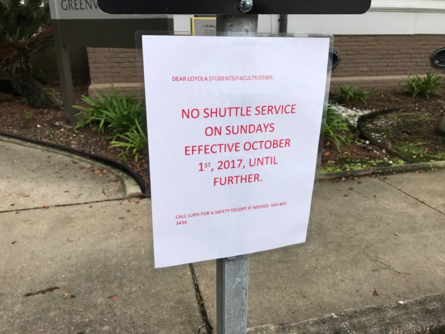 Residential Life has placed flyers around Cabra Hall, informing students that the shuttle service no longer runs on Sundays. Some students are frustrated with the inconvenience that makes it difficult to main campus. Photo credit: Mairead Cahill
