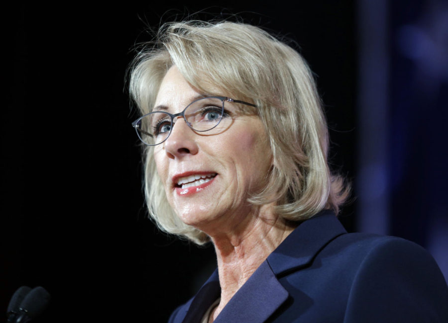 In this Oct. 13, 2017 photo, Education Secretary Betsy DeVos speaks during a dinner hosted by the Washington Policy Center in Bellevue, Wash.  Efforts to improve education nationwide are coming to fruition under DeVos, as made evident by the $13 million grant from the Department of Education to New Orleans institutions. Photo credit: Associated Press
