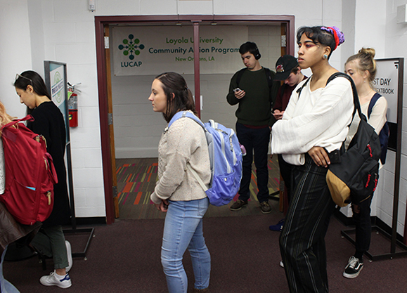 Loyola Students wait in line for textbooks outside the campus bookstore on January 17, 2018. Some students are spending up to $300 to $400 dollars on books needed for classes( USE $300 a semester or $400  semester). Photo credit: Cristian Orellana