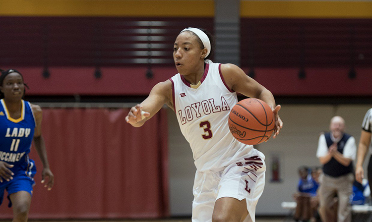 Dimond Jackson, Biology/pre-med senior, leads a drive against the Lady Buccaneers of the University of the Virgin Islands Dec. 16, 2017. The Southern States Athletic Conference awarded Jackson her second Player of the Week award this season Jan. 6, 2018. The Loyola New Orleans womens basketball team 
 has been awarded four Player of the Week Awards during the first 9 weeks of the 2017-2018 Season. Photo credit: Loyola New Orleans Athletics