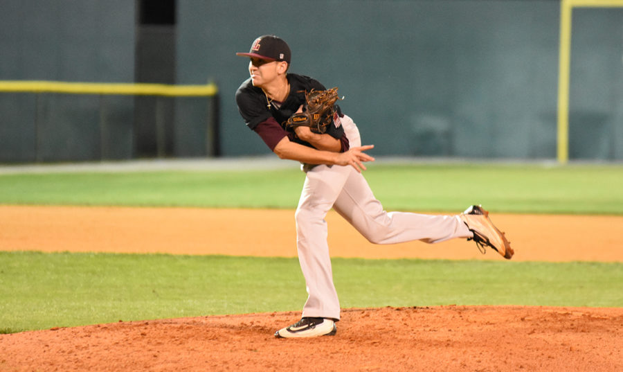 Nick Moore, Loyola New Orleans history pre-law graduate,  pitches against Middle Georgia State during a game May 3, 2017.  The Loyola New Orleans baseball team plans on hosting a fund raising event at the Rockin' Bowl bowling alley  Feb. 1 , 2018, near the corner of Earhart Boulevard and South Carrolton Avenue. Photo credit: Loyola New Orleans Athletics