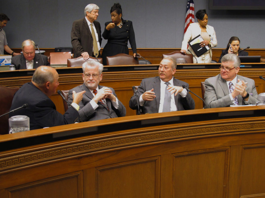 Left to right Reps. Johnny Berthelot, R-Gonzales; Reid Falconer, R-Mandeville; Jack McFarland, R-Winnfield; and Lance Harris, R-Alexandria, talk about taxes Jan. 22, 2018, ahead of Gov. John Bel Edwards' presentation of his worst-case scenario budget if lawmakers don't replace $1 billion in expiring taxes. MELINDA DESLATTE/AP.