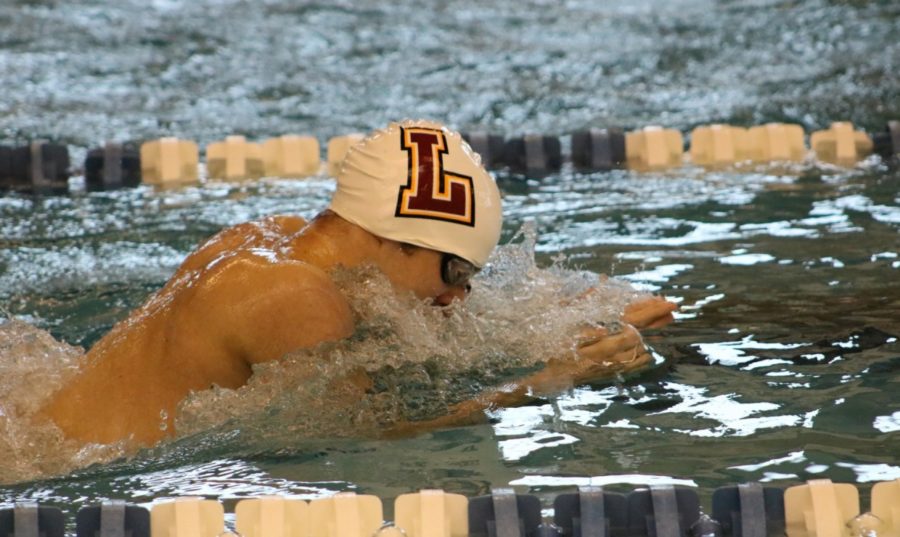 A swimmer on the mens team competing in the Mid-South Championships on Feb. 3. 2018. The womens team finished third, the mens team finished fourth, and head coach Thomas Natal won Mid-South Conference Mens Coach of the Year. LOYOLA NEW ORLEANS ATHLETICS/Courtesy.