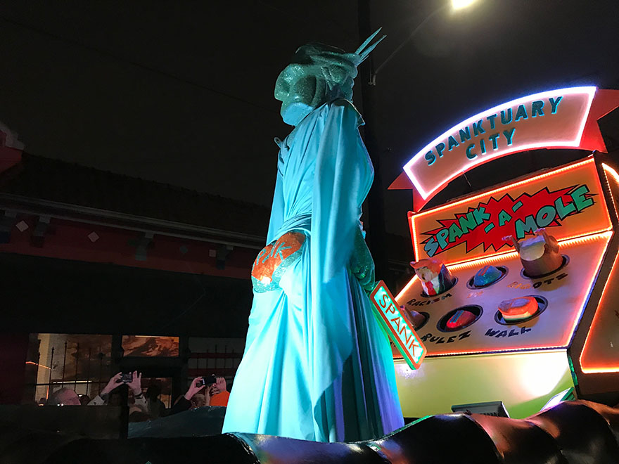 The Spanktuary City float rolls as a part of the Krewe du Vieux parade on Frenchman Street, Jan. 27, 2018. Krewe du Vieux kicks off the beginning of the Mardi Gras season. Photo credit: Jacob Schmitt