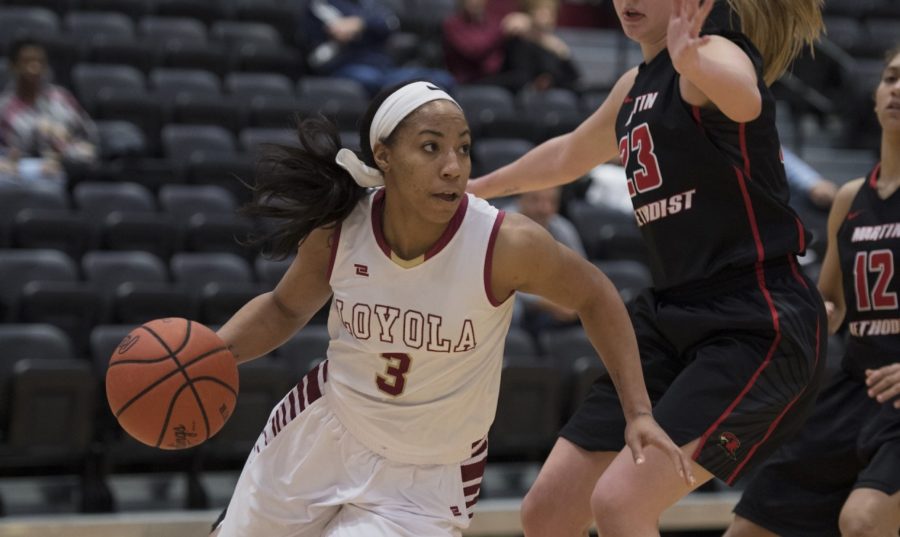 Biology senior DiMond Jackson (3) driving to the basket versus Martin Methodist on Feb. 8 2018. Jackson led the team in points, rebounds, and assists versus Bethel University on Feb. 10 2018. LOYOLA NEW ORLEANS ATHLETICS/Courtesy