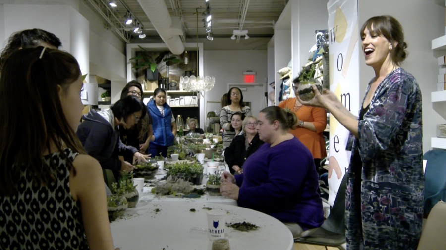 Jeanne Luna, co-owner of Luna Botanicals, addresses workshop attendees on succulent care and upkeep. The “Succulent and Crystal Social” was an International Women’s Day event that took place at West Elm furniture store on Thursday, March 8, 2018. Photo credit: Brian Wollitz