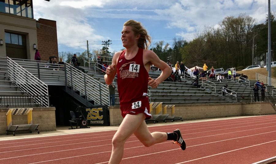 Walter Ramsey, environmental studies freshman, finished 10th overall in the 1500-meter run at the Louisiana Classics on March 17 2018. The Loyola track and field team had a remarkable showing versus NCAA DI talent. Photo credit: Loyola University Athletics