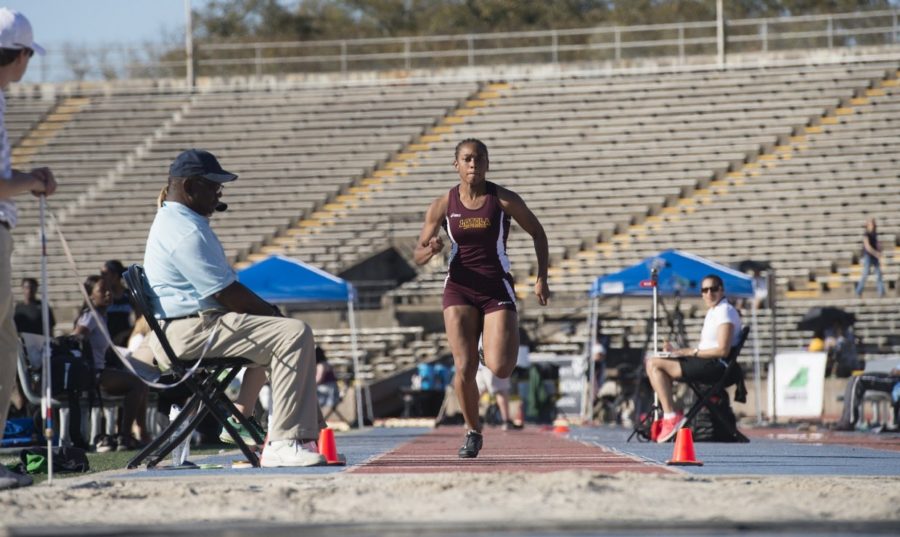 Leah Banks, mass communication junior, competing in the long jump event. Banks finished 23rd overall in the long jump and 12th in the pentathlon at the National Association of Intercollegiate Athletics Indoor Track and Field National Championships. LOYOLA NEW ORLEANS ATHLETICS/Courtesy.