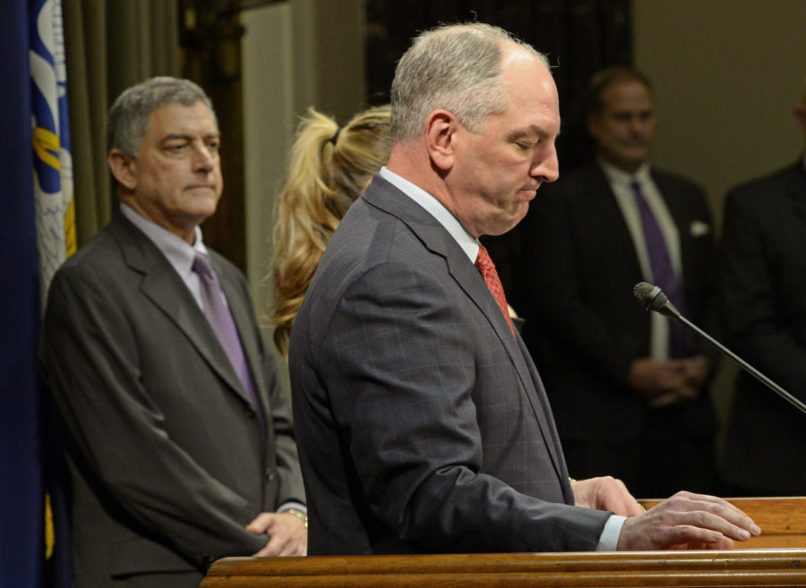 Gov. John Bel Edwards pauses before speaking at a press conference after the legislature adjourned sine die to end the special session to address the states fiscal crisis Monday, March 5, 2018, in Baton Rouge, La. (Bill Feig/The Advocate via AP)