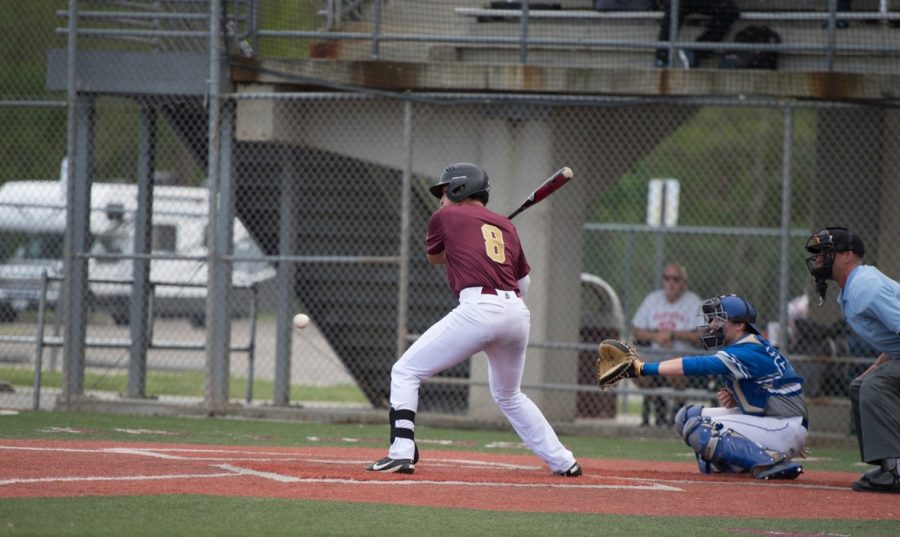 Payton Alexander (8), biology freshman, at the plate. Alexander hit a 7th inning home run versus Spring Hill College as the baseball team splits the doubleheader. Photo credit: Loyola University Athletics
