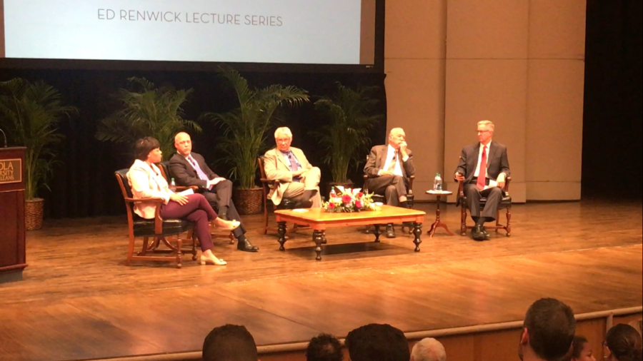 From left to right: Mayor-elect LaToya Cantrell, Mayor Mitch Landrieu, former mayor Sidney Barthelemy, former mayor Moon Landrieu and moderator Clancy DuBos in Roussel Hall Thursday, April 5, 2018, for the annual Ed Renwick Lecture Series. Photo credit: Nick Reimann