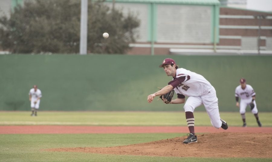 Finance senior Jason Roussel takes the mound at Segnette Field for his last time on April 21, 2018. Roussel and marketing senior Joseph Kulcher helped pitch Loyola to back-to-back victories versus University of Mobile on Senior Day. Photo credit: Loyola University Athletics