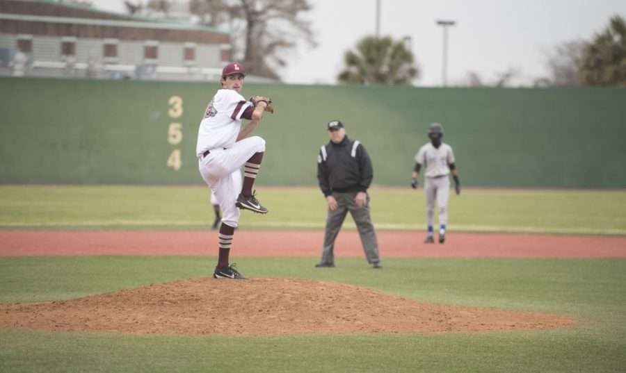 Lawrence Frishberg (26), marketing freshman, on the mound at Segnette Field versus Middle Georgia State University March 30, 2018. The baseball team dropped all three games versus the Middle Georgia Knights. Photo credit: Loyola University Athletics