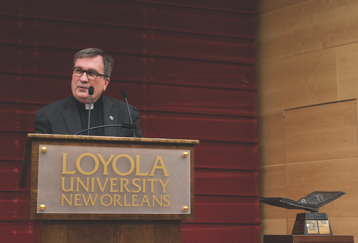 The Rev. Kevin Wildes, S.J. speaks to faculty and staff at the spring convocation in Nunemaker Hall, January 13 2018. After Wildes completes his tenure as president of Loyola, he will serve as a professor at Saint Joseph's University. Photo credit: Nicholas Boulet