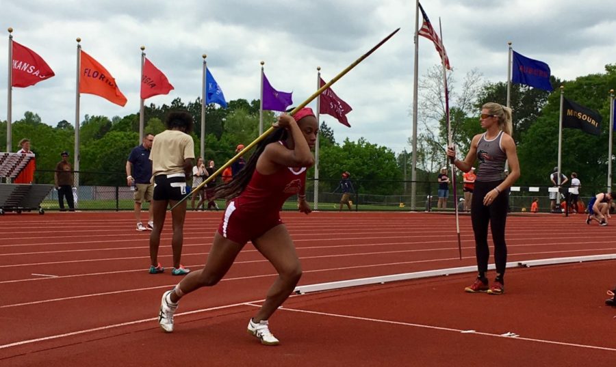 Mass communication junior, Leah Banks, competes in the javelin throw at the Tiger Track Invitational on April 14, 2018. Banks sits at sixth overall in the nation in the heptathlon. Photo credit: Loyola University Athletics