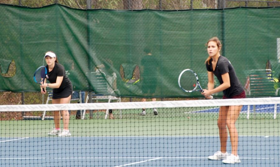 Two Loyola women's tennis players in a doubles match at City Park. Both team lost their matches versus the University of Mobile on April 6 2018. Photo credit: Loyola University Athletics