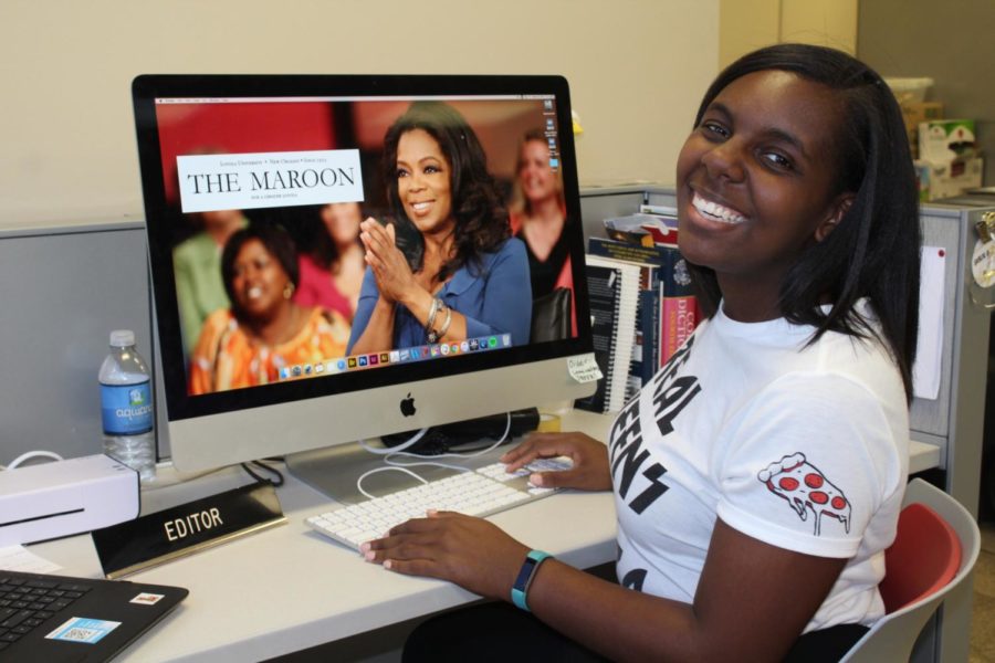 Sidney Holmes, mass communications senior, sitting at her Editor-in-Chief desk for the last time. Sidney gives us her own advice on how to keep motivated in school and in life, even citing Oprah Winfrey as a tip. Photo credit: Vanessa Alvarado