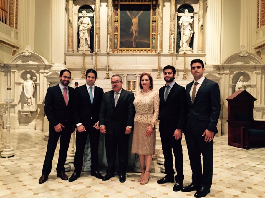 Fernando Rivera, A'04, Osmin Rivera, A'05, Jorge Rivera, A'07, and Ricardo Rivera standing with their parents. Photo credit: Courtesy