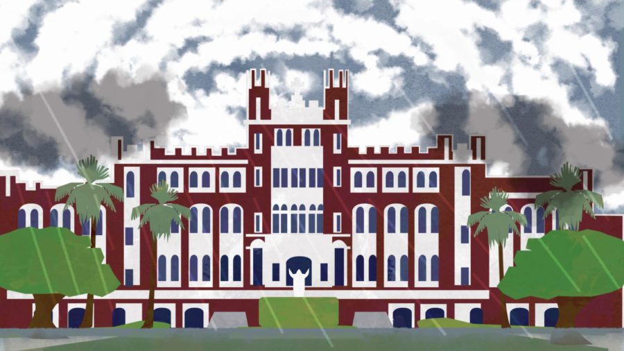 This is a n Illustration of Marquette Hall facing down a storm. President Tetlow sent out an email addressing both the hurricane in Hawaii and the anniversary of Hurricane Katrina. Photo credit: Ariel Landry