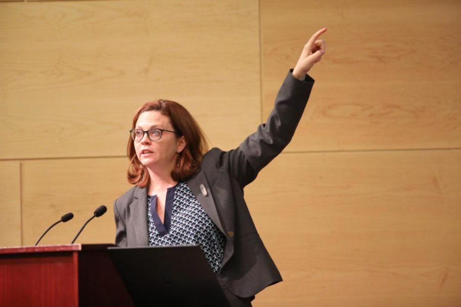 President Tania Tetlow showing her graph at the President's Report. Tetlow is confident in the financial direction that the university is headed. Photo credit: Andres Fuentes