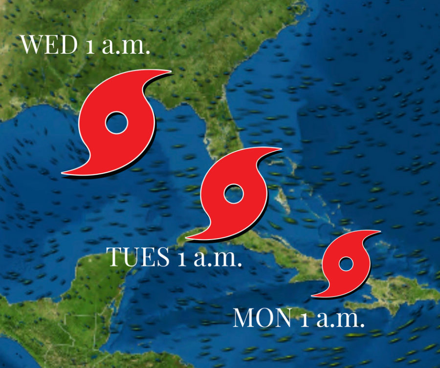 A+graphic+showcasing+the+potential+track+of+Potential+Tropical+Cyclone+Seven.+The+storm+is+expected+to+reach+the+central+Gulf+Coast+either+Tuesday+night+or+Wednesday.+Photo+credit%3A+Andres+Fuentes