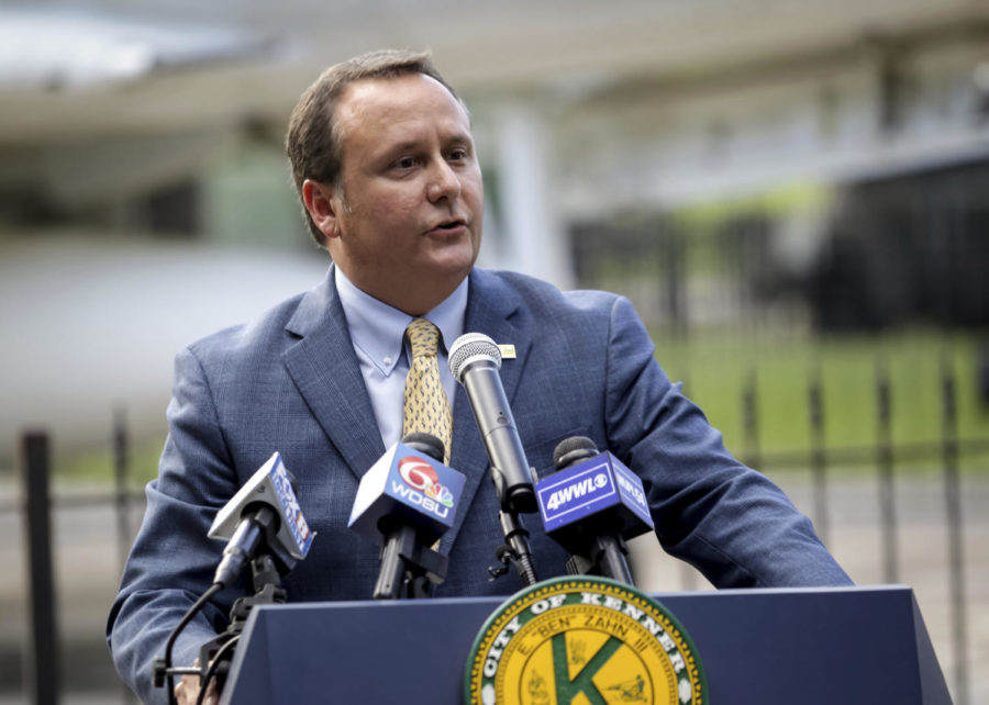 Kenner Mayor Ben Zahn rescinds his order banning the city’s recreation department from purchasing Nike products for use at city recreation facilities, during a news conference, Wednesday, Sept. 12, 2018, at Veteran's Park in Kenner, La. (Scott Threlkeld/The Advocate via AP)