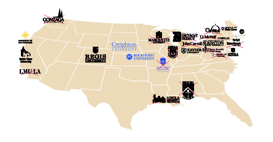 Illustration of all 28 Jesuit universities in the U.S. 15 of the 28 universities no longer have a Jesuit president. Photo credit: Ariel Landry