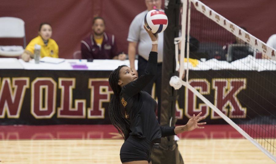 Mass communication junior Tyler Beckham goes for a kill. Beckham has 51 kills this season. Photo credit: Loyola New Orleans Athletics