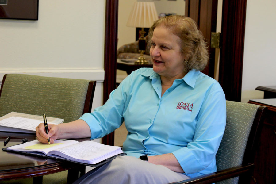 Interim provost Maria Calzada in her office in a meeting on September 5. Calzada wishes to bring awareness to Hispanic Heritage Month on Loyola’s campus. Photo credit: Alexis Reyes