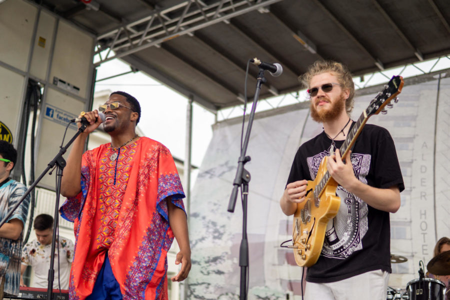 Ayotemi (left) and Samwyse (right) vibe-out at the 2018 Freret Street Festival in New Orleans.  These two Loyola Seniors have consistently released music and performed together as well as independently for the duration of their careers at Loyola. 