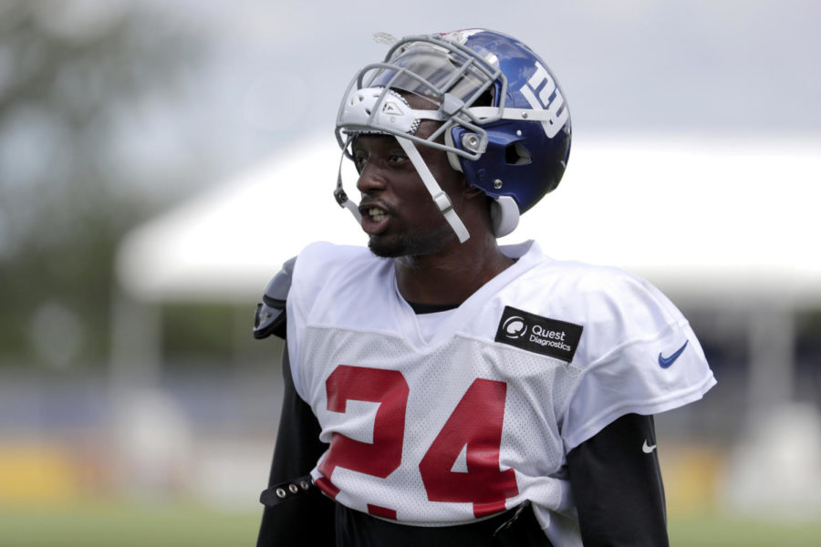 FILE- In this Aug. 2, 2018, file photo, New York Giants cornerback Eli Apple works out during NFL football training camp in East Rutherford, N.J. The Giants traded Apple to the New Orleans Saints on Tuesday, Oct. 23. 2018.  (AP Photo/Julio Cortez, File)