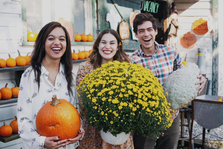 Rebekah Vensel, music industry senior, stands in the center with Adren LaGrone, biology senior, (left) and Danely Romero, music with elective studies senior, (right) pose at the Punkin Point Farm. The farm is Vensels family-owned pumpkin farm in Pennsylvania. Photo credit: Rebekah Vensel