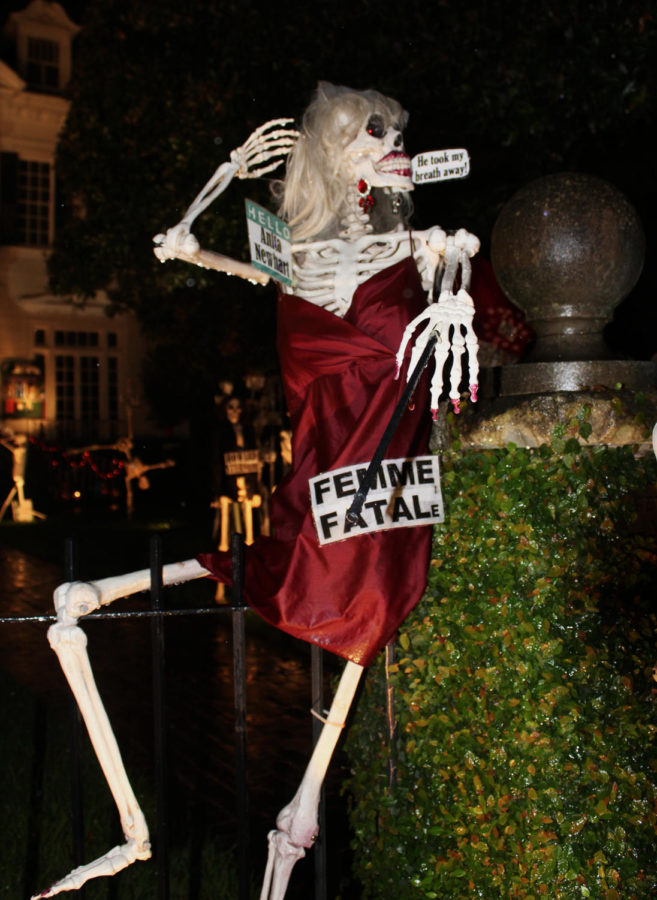 Femme Fatal(e) skeleton at The Skeleton House on St. Charles Ave. Vanessa advises everyone to stay safe on Halloween. Photo credit: Hannah Renton